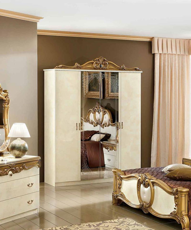 ESF Furniture Barocco 4-Door Wardrobe in Ivory w/ Gold